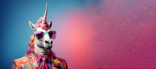 Creative animal concept. a unicorn wearing sunglasses and a suit. copy space. generative ai