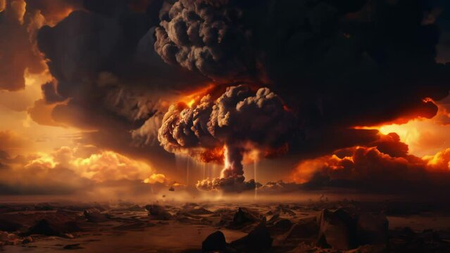 Huge nuclear bomb explosion with a mushroom cloud, weapon of mass destruction. Anamorphic 4k footage