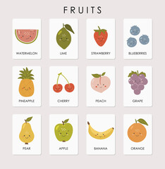 Fruits Cards, Educational Cards, Kids materials, Kindergarten vector, School materials, Educational Fruits vector, Kids card
