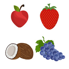 Strawberry coconut grape apple fruit set vector illustration design