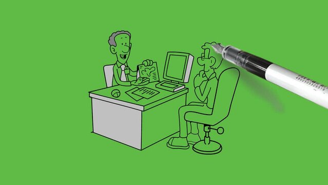 draw two young men sit on adjustable office chair with computer and stationery place on center table in front of each other and show calendar with black outline on abstract green screen background    