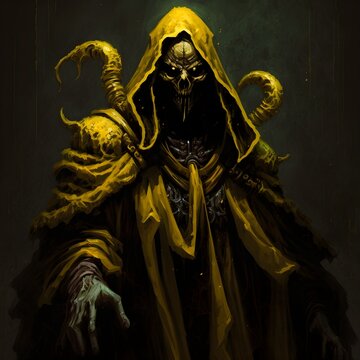 Hastur king in yellow robes undead undefined dark face withered arms 