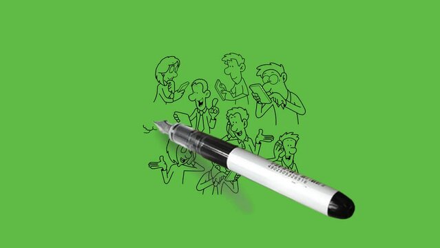 draw group of thirteen person men and women busy in use different modern electric devices like smart phone, mobile, tablet, laptop, i-phone, mac-book, etc with black outline on abstract green back
