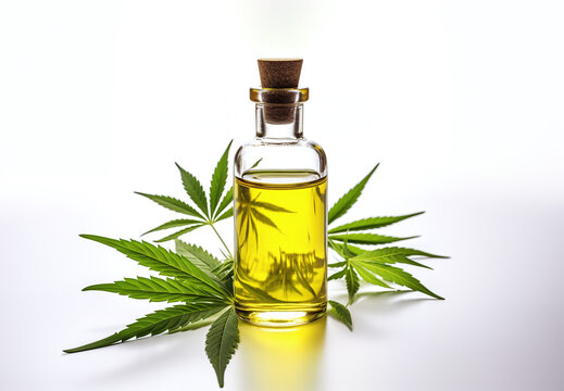 CBD oil bottle among cannabis leaves. Mockup design for medical CBD, THC tincture product