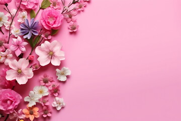 Fototapeta na wymiar Arrangement of spring flowers against a pink background. Blooming concept. Flat lay