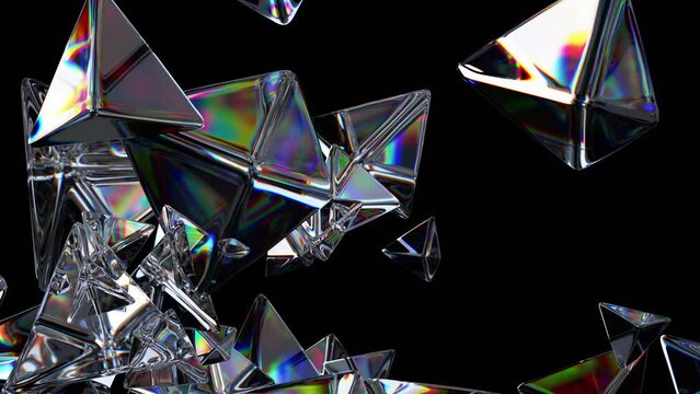 Abstract 3d animation, flying glass shapes on black background, 4k video