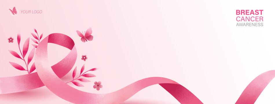 Breast cancer banner background with pink awareness ribbon and copy space border design, vector illustration