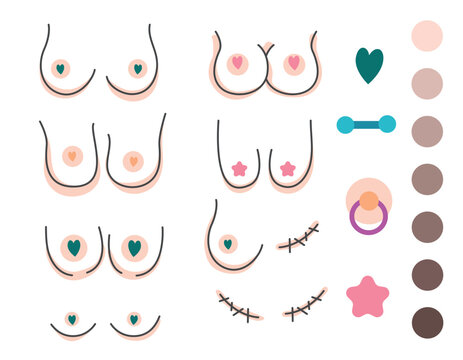 Set of female breasts, breasts of different sizes. Breast cancer. Line style on a transparent background. Accessories, beauty. Piercing, skin color sample sticker