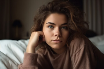 Fototapeta premium Portrait of beautiful young woman lying on bed at home in the morning