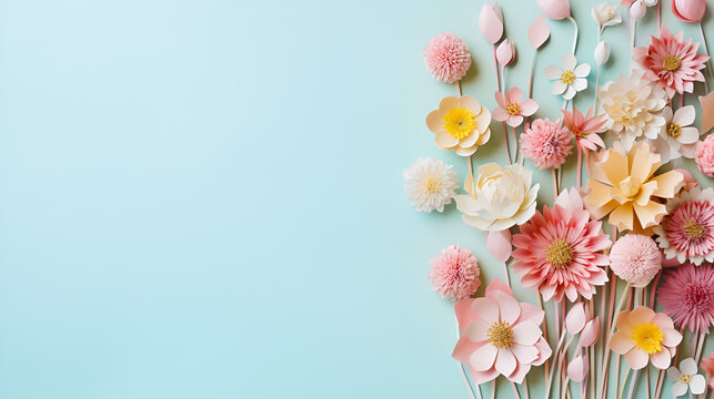 Paper cut flowers on pastel blue background