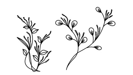 Floral branch and minimalist flowers for logo or tattoo. Hand drawn line wedding herb, elegant leaves for invitation save the date card. Botanical rustic trendy