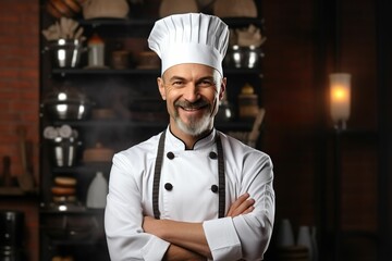 Close up of male chef on kitchen background, professional cook