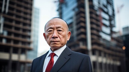 Fototapeta premium A Chinese real estate salesman stands in front of an architectural large building. Generative AI