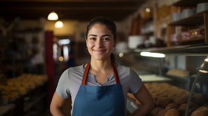 Mexican woman in family bakery. Bakery with fresh pastries. Generative AI - obrazy, fototapety, plakaty