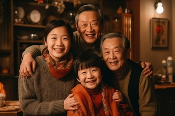 Three generation asian family gathering at home