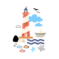 Sea clipart. Vector illustration with sea elements. Lighthouse, boat, fishes. Illustrations for nursery decor, prints and posters © Oksana