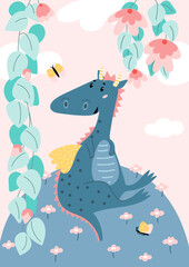 Fairytale cute dragon cartoon illustration