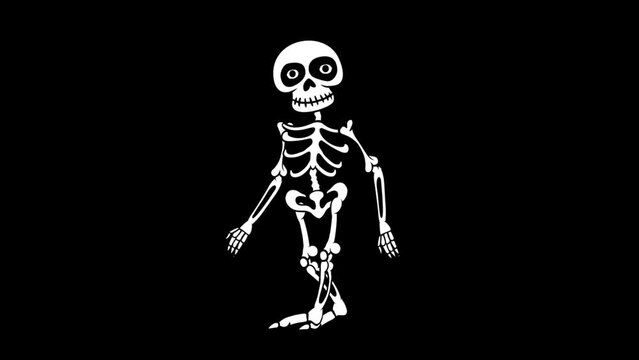 Cartoon style walking funny skeleton short movie clip. HD video with the transparent background.