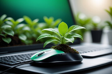 Eine Computermaus, auf der eine Pflanze wächst, als Symbol für Green IT