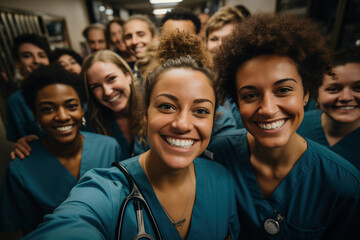 Group of doctors and nurses taking selfie in hospital corridor - Generative AI - obrazy, fototapety, plakaty