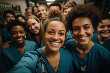 Fotobehang Group of doctors and nurses taking selfie in hospital corridor - Generative AI © Davide Angelini