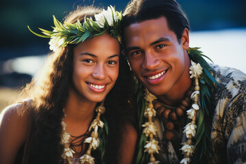 Enchanting Polynesian newlyweds celebrate love by the serene ocean, adorned in traditional attire with leis and seashells. Perfect embodying island romance and tribal culture. - obrazy, fototapety, plakaty