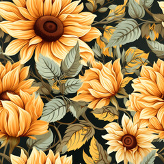 Seamless pattern,  multiple sizes of Sunflower , vintage style,  , AI generated