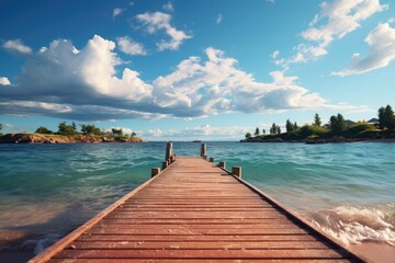 Obraz premium Wooden pier on ocean or sea, perspective view