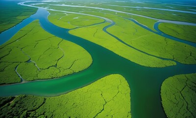 aerial view of a river delta with lush green vegetation and winding waterways