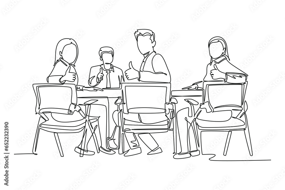 Wall mural Single continuous line drawing young happy businessmen and businesswoman meeting and giving thumbs up gesture. Business presentation concept. Dynamic one line draw graphic design vector illustration