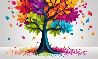 Colorful tree with leaves on hanging branches illustration background. 3d abstraction wallpaper