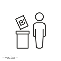 voter in elections icon, person and ballot box, contributes paper vote, candidate selection, thin line symbol - editable stroke vector illustration