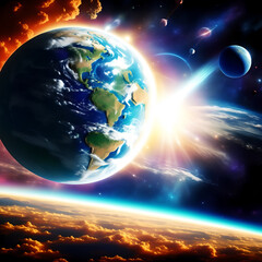 Obraz premium Panoramic view of the Earth and galaxy. Sunrise view over planet
