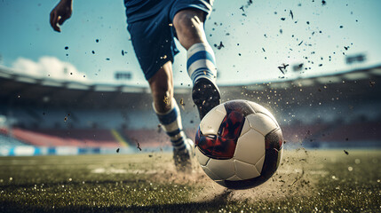 Photo of football player kicking the ball - obrazy, fototapety, plakaty