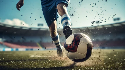 Tuinposter Photo of football player kicking the ball © Atthawut