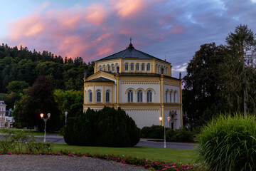 Marianske Lazne (Marienbad) - Catholic Church of the Assumption of the Virgin Mary in the Czech spa town - Goethe Square before sunrise