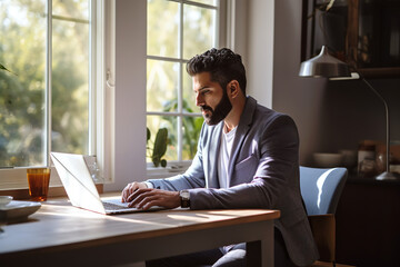 Obraz premium A relaxed businessman in casual attire is productively working from home, managing remote teams via a video conference