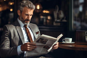 A businessman is savoring a cup of coffee while engrossed in reading a financial newspaper, sitting in a cozy café