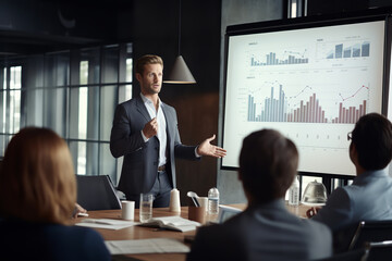 A focused businessman is presenting a quarterly report during a team meeting, using a projector for visual aids