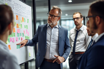 A businessman is leading a brainstorming session with his colleagues, using a whiteboard to outline strategies and goals - obrazy, fototapety, plakaty