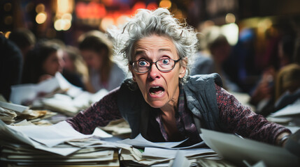 Compelling image of an exasperated retiree organizing a charity fair, expressing deep emotion amid paperwork clutter on desk. Ideal for elderly volunteer & event planning themes. - obrazy, fototapety, plakaty