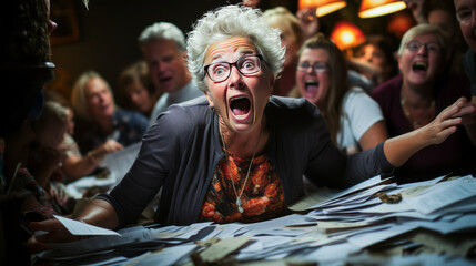 Expressive senior citizen exasperated while organizing charity fair, portraying genuine emotion amidst paperwork on desk. Perfect for nonprofit and volunteer themes.