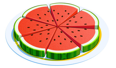  A 2D illustration of slices of watermelon arranged neatly in a circular pattern on a white round plate. The illustration style is clean, simple, and refined.