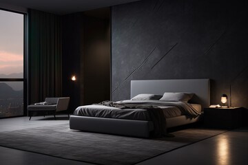 Modern and cozy dark bedroom interior