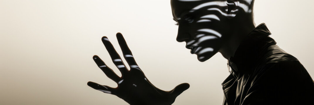 Intriguing gender-neutral artist engrossed in casting hypnotic shadow patterns with hands, showcasing an interplay of contrasting geometric abstraction.