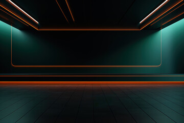 Dark green and orange futuristic and minimalist style interior spaceroom
