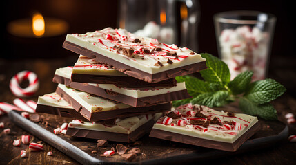 Homemade peppermint bark, white and dark chocolate with crushed candy canes, Christmas treat or gift idea