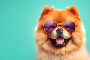 Creative animal concept. Chow chow dog puppy in sunglass shade glasses isolated on solid pastel background, commercial, editorial advertisement, surreal surrealism