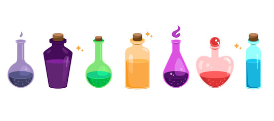 Colourful set collection of potion jars with magic liquids and substances. Design element icon for poison bottles or elixir isolated on white background