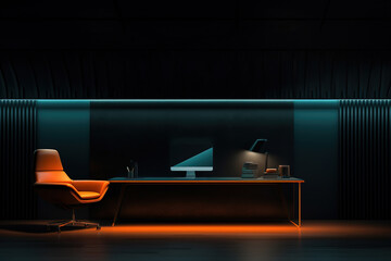 Dark blue and orange minimalist style office space interior